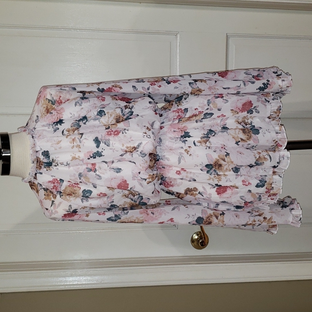White and Pink Floral Backless Long Sleeve Romper, Size Small